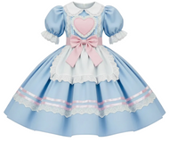 A light blue and white Lolita-style dress with a pink heart on the chest, a pink ribbon belt with a bow, and pink and white lace trim, shown on a plain white background.