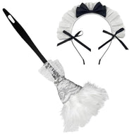 A costume accessory set featuring a white ruffled feather duster with a black handle and a matching white ruffled headband with a black bow and side ribbons, shown on a plain white background.