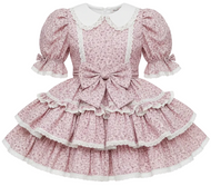 Floral sissy dress with white lace details on a white background