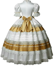 A white and gold Victorian-style ballgown costume displayed on a dress form mannequin against a plain white background.