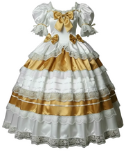 A white and gold Victorian-style ballgown costume dress with puffed sleeves, lace trim, and multiple large satin bows, shown on a plain white background.