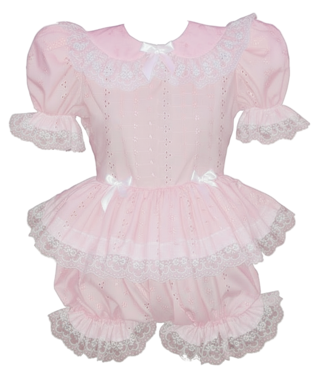 Pink baby romper with lace details on a white background