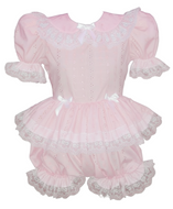 Pink baby romper with lace details on a white background