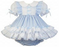 Pink and white adult baby dress with ruffles on a white background