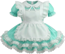 Mint green and white dress with ruffles on a white background