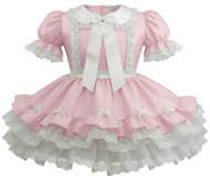Pink taffeta sissy dress with white lace details on a white background