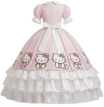 A pink and white Hello Kitty ball gown costume dress with puffed sleeves, a large white bow at the waist, and Hello Kitty characters printed across the skirt, shown against a plain white background.