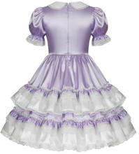 A lavender purple and white tiered Lolita-style dress with short puff sleeves, a Peter Pan collar, and a ruffled skirt, shown against a plain white background.