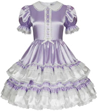 A lavender and white Lolita-style dress with a shiny satin-like finish, featuring a white collar, lace trim, ruffled sleeves, and a tiered skirt with white ruffles and lace details.