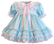 Mint green adult baby dress with lace details and a pink bow on a white background