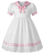 A white adult baby girl's dress with a pink sailor collar, pink ribbon trim, and a matching pink bow at the neckline, shown against a plain white background.