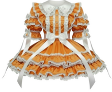 Orange and white dress with ruffles on a white background