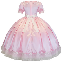 A pink sissy ball gown costume featuring short puff sleeves, a full cupcake skirt, and a white bow at the waist, shown against a plain white background.