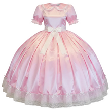 A pink ball gown sissy dress with short puff sleeves, a peter pan collar, and a full cupcake skirt with white lace trim, shown on a plain white background.