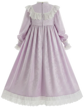 A lavender long-sleeved nightgown with white lace ruffles on the collar and cuffs, displayed on a mannequin against a white background.