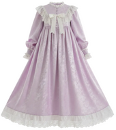 A lavender long-sleeved nightgown with white lace trim, ruffles, and a bow at the neckline, shown against a plain white background.