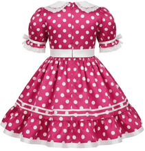 A fuchsia and white polka dot dress with short puff sleeves, a white lace Peter Pan collar, and a white waistband, shown against a plain white background.