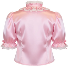 A pink satin blouse with puffed short sleeves, a high ruffled collar