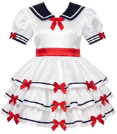 A white Lolita-style dress costume displayed against a plain white background. The dress features a navy blue collar, red ribbon accents, a red waistband, and multiple red bows on the tiered skirt.