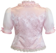 A light pink floral jacquard blouse with sheer puff sleeves, a ruffled high collar, and a lace hem, shown from the back on a white background.
