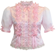 A pink adult sissy ruffled blouse with sheer puff sleeves, lace trim, and decorative bows, shown against a plain white background.