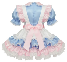 A light blue, pink, and white ruffled costume dress displayed on a mannequin from the back, featuring a large pink bow at the waist and lace trim.