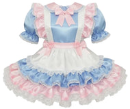 A baby girl's maid costume dress featuring light blue satin, pink satin, and white ruffles with lace trim, complete with a large bow at the collar and waist.