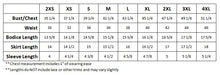 Measurement chart for clothing sizes with bust, waist, and skirt length details.