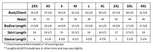 Measurement chart for clothing sizes with bust, waist, and skirt length details.