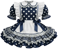 Navy blue sissy dress with white polka dots and ruffled details on a white background