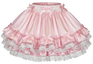 Pink and white ruffled skirt with lace details on a white background