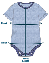A front-facing baby bodysuit diagram on a white background, with arrows and labels marking chest, waist, and front length measurements.
