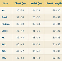 A size chart table with columns for Size, Chest (in), Waist (in), and Front Length. The table lists sizes from XS to 4XL with corresponding measurement ranges.