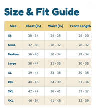 Size & Fit Guide chart showing measurements for sizes XS through 4XL, with columns for Chest (in), Waist (in), and Front Length.