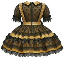 Ozina Custom Fit Gold Satin Black Lace Gothic Lolita Adult Sissy Dress by Leanne's