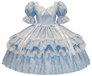 A light blue and white Lolita-style ball gown with puffed sleeves, lace trim, tiered ruffles, and long white ribbons, shown on a plain white background.