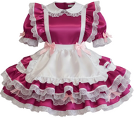 A sissy dress with a magenta satin bodice, white apron front, white ruffled collar, short puff sleeves with lace trim, and pink bows, shown on a plain light background.