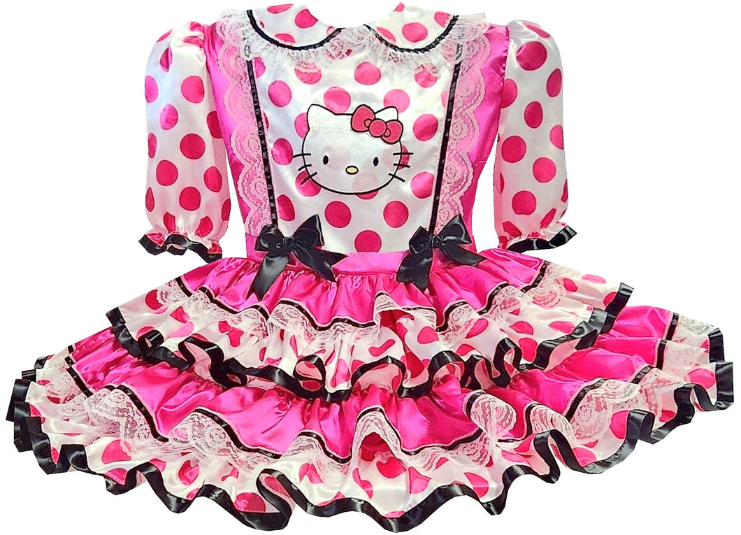 Hello Kitty Custom Fit Hot Pink Satin Polka Dots Ruffles Adult Sissy Dress by Leanne's