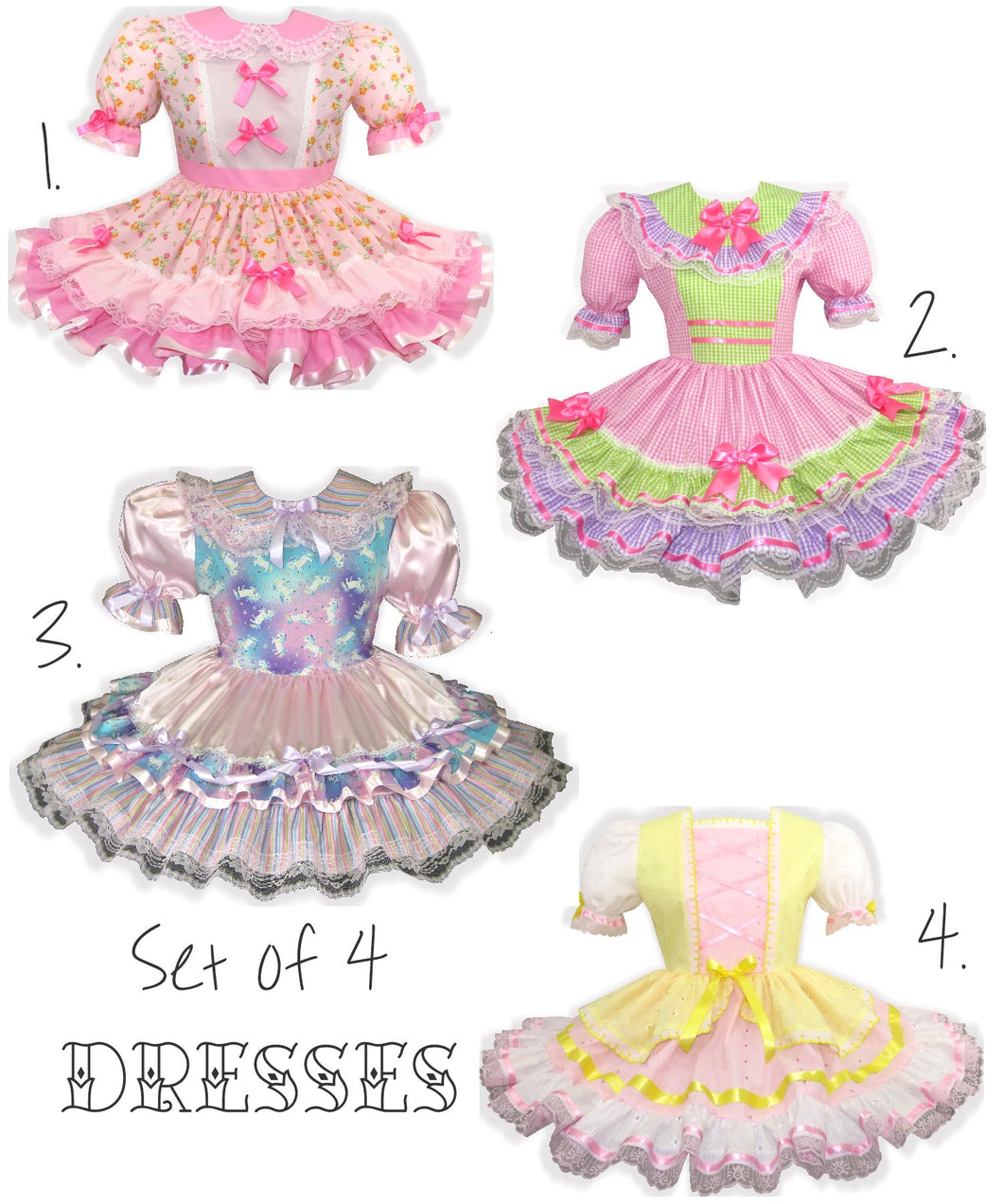 Set of 4 Ready to Wear Adult Little Girl Sissy Dress Bundle | 36