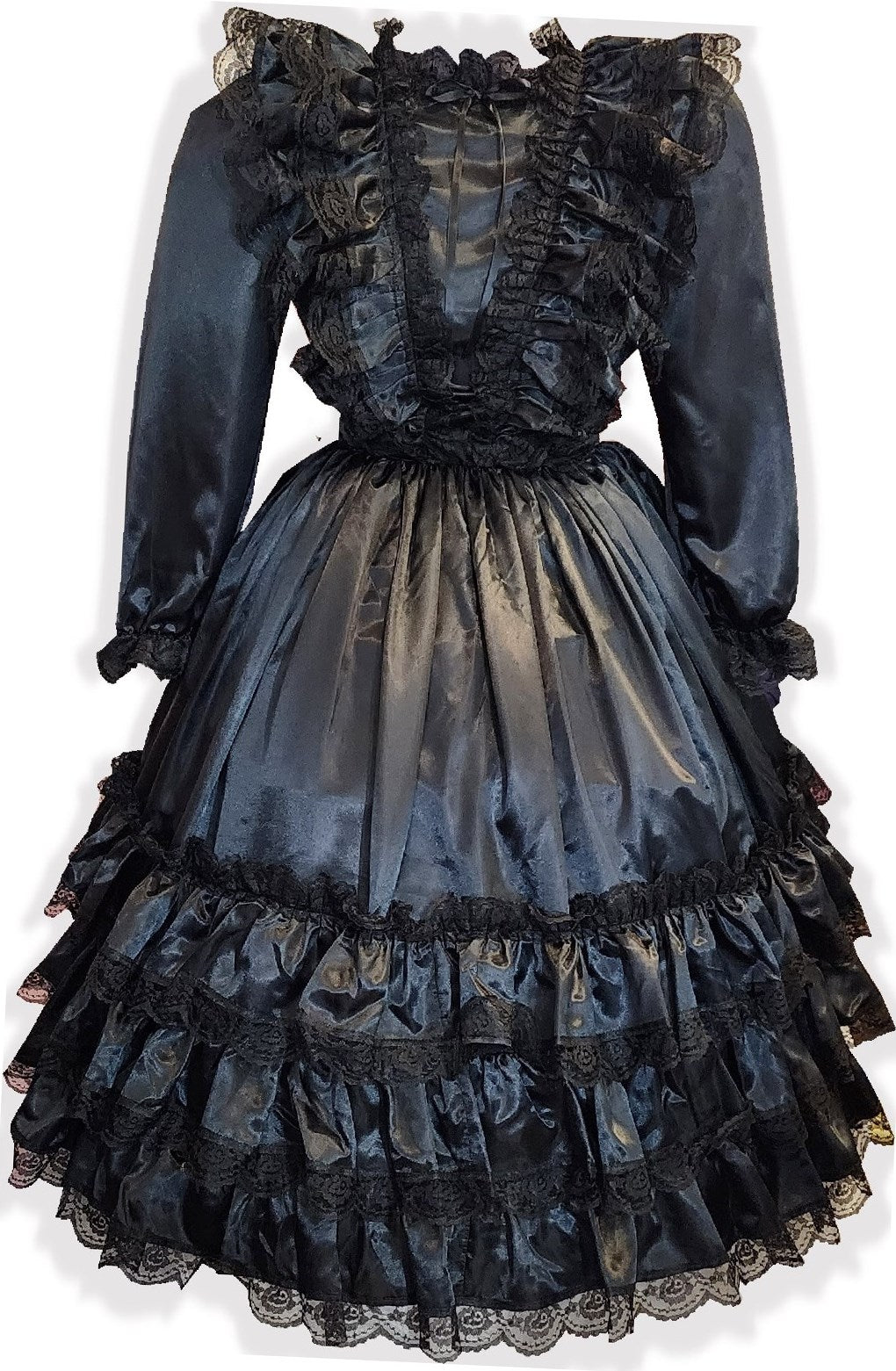 Ready-to-Wear Deluxe Black Satin Ruffles Gown Adult Little Girl Sissy Dress by Leanne's