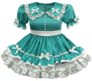Green sissy dress with white lace and bows on a white background