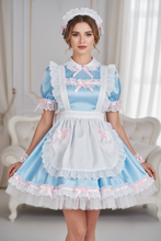 Baby Blue Satin Maid Dress with White Apron and Pink Bows