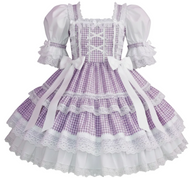 Purple checkered sissy dress with white lace details on a white background