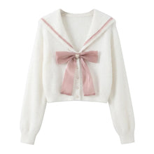 Soft Cropped Sailor Cardigan with Buttons and Bow