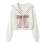 Soft Cropped Sailor Cardigan with Buttons and Bow