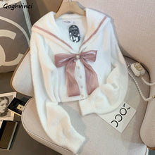 Soft Cropped Sailor Cardigan with Buttons and Bow