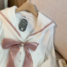 Soft Cropped Sailor Cardigan with Buttons and Bow