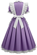 A purple and white Victorian-style maid costume dress shown from the back on a mannequin, featuring a large white bow at the waist, white apron straps, and white lace trim.