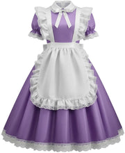 A purple and white maid costume dress with short sleeves, a white collar with a bow, a white apron with lace trim, and a full skirt