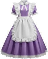 A purple and white maid costume dress with short sleeves, a white collar with a bow, a white apron with lace trim, and a full skirt